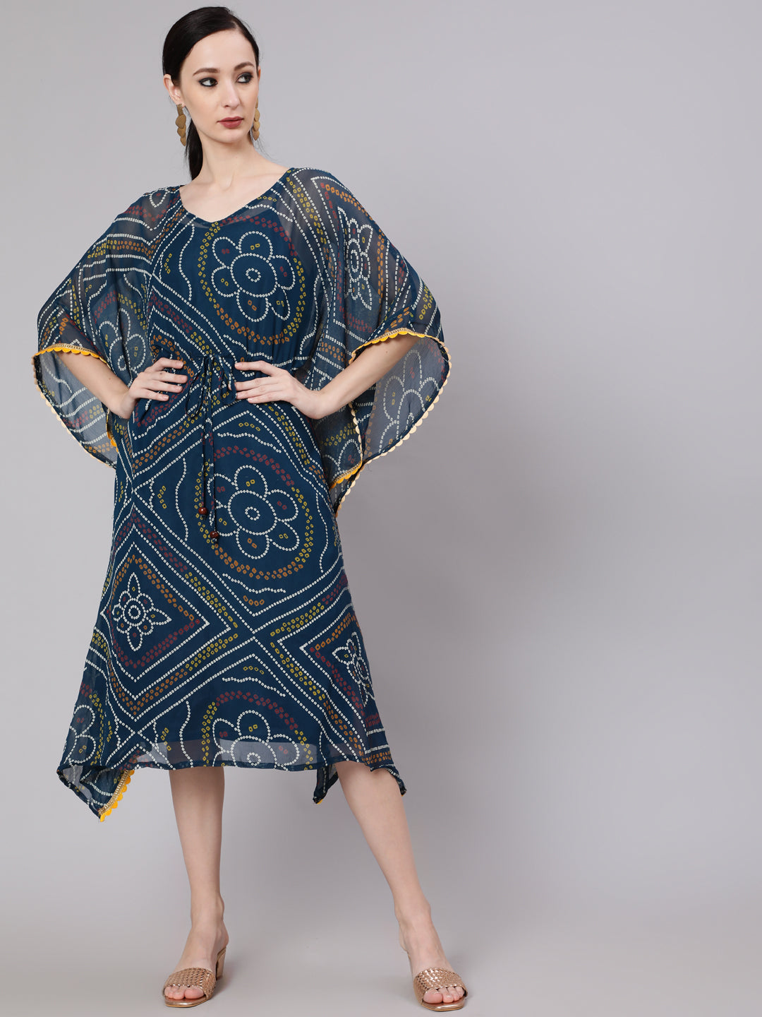 Women's Blue Micro Print Kaftan Dress