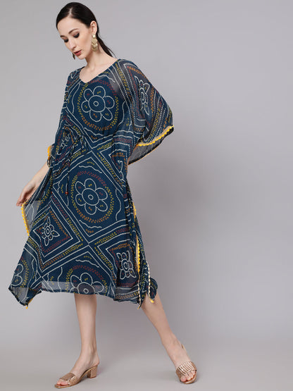 Women's Blue Micro Print Kaftan Dress