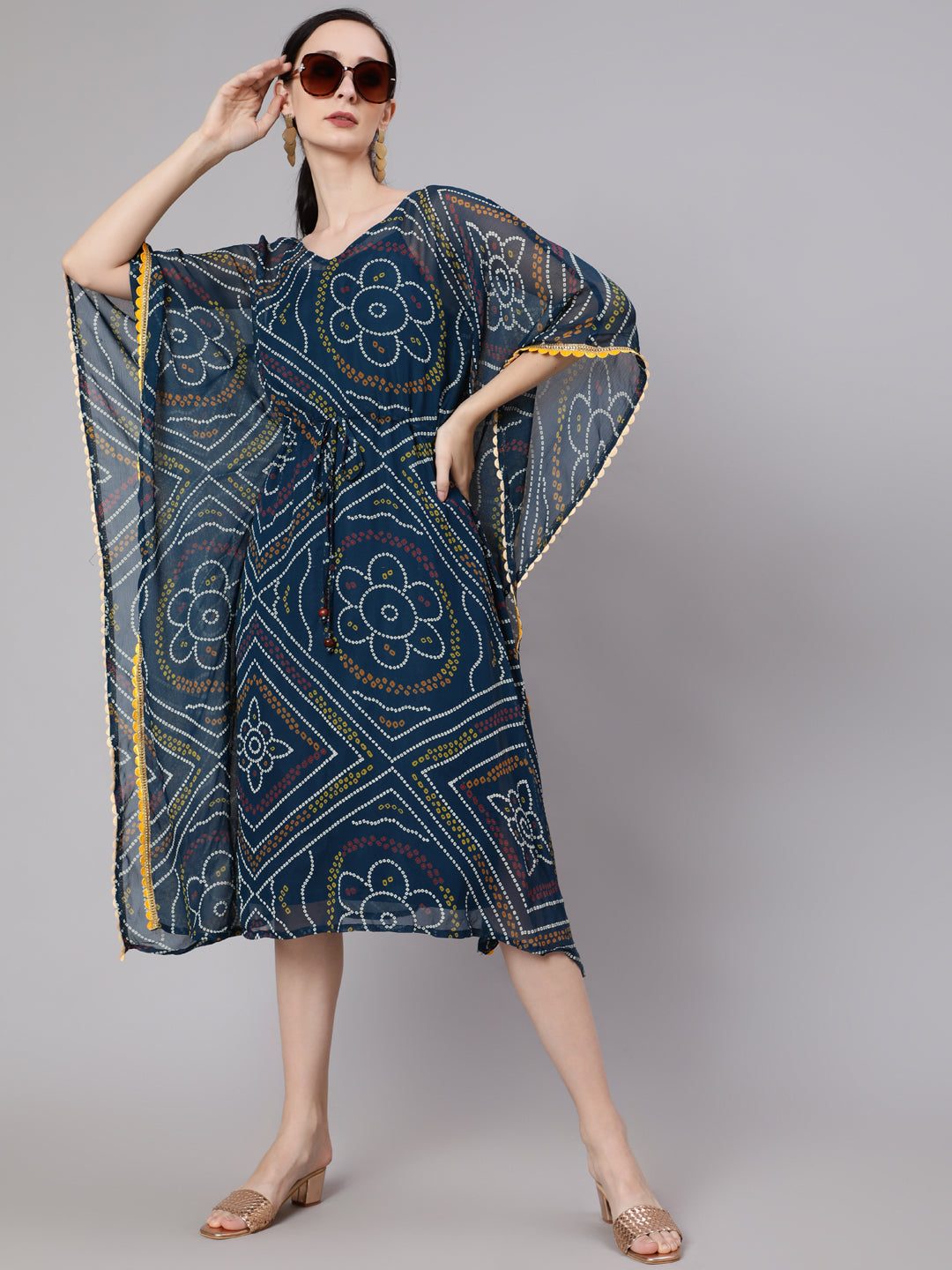 Women's Blue Micro Print Kaftan Dress