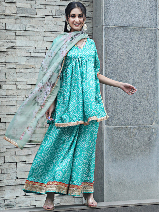 Women's Green Bandhani Print Kurta Sharara With Dupatta