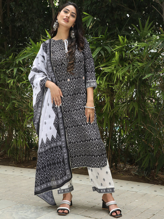 Women's Black & White Geometric Print Kurta Palazzo With Dupatta