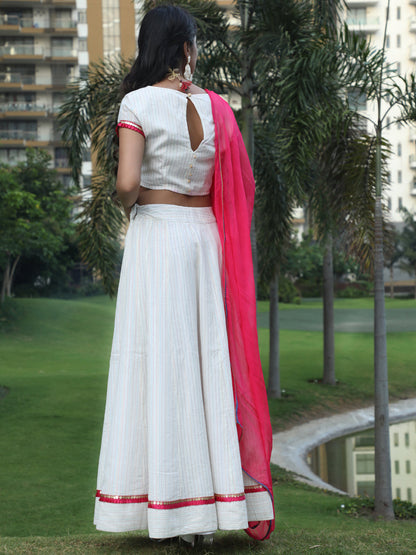 Women's White Striped Lehenga Choli With Dupatta