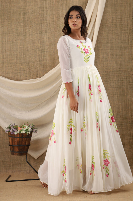 Women's White Chiffon Anarkali Dress (1Pc)