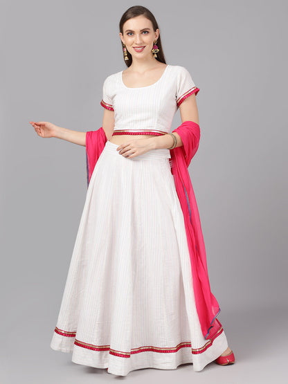 Women's White Striped Lehenga Choli With Dupatta