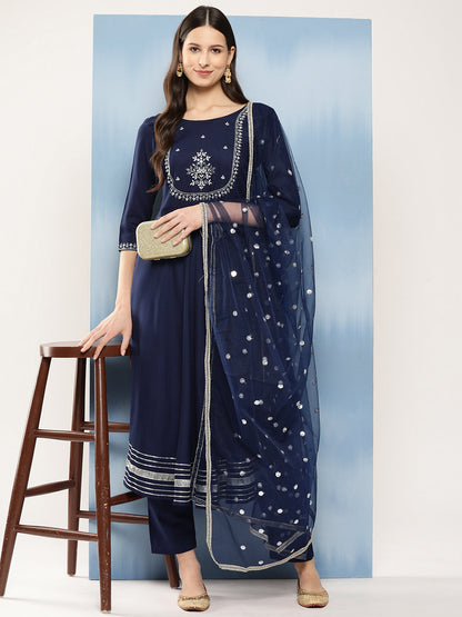 Women's Navy Blue Embroidered Anarkali Kurta With Trouser And Dupatta