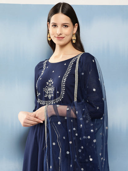 Women's Navy Blue Embroidered Anarkali Kurta With Trouser And Dupatta