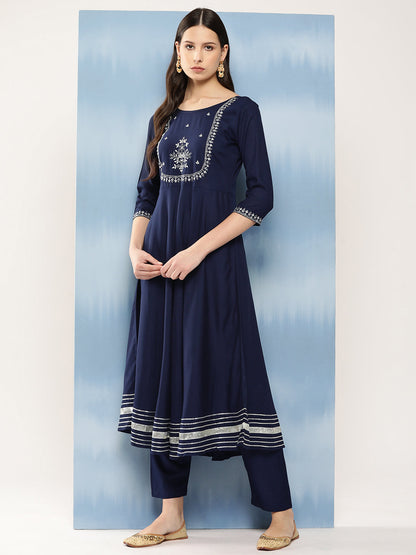 Women's Navy Blue Embroidered Anarkali Kurta With Trouser And Dupatta