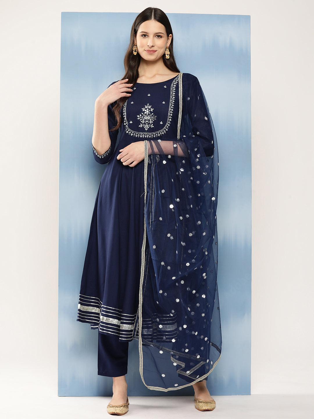 Women's Navy Blue Embroidered Anarkali Kurta With Trouser And Dupatta