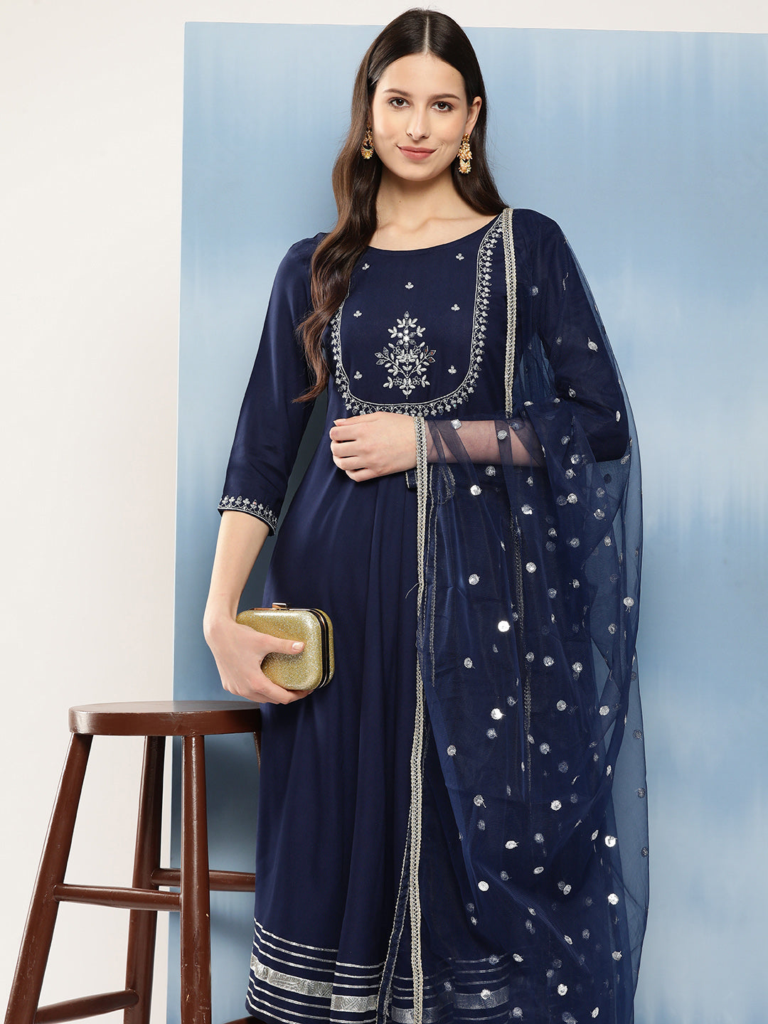 Women's Navy Blue Embroidered Anarkali Kurta With Trouser And Dupatta