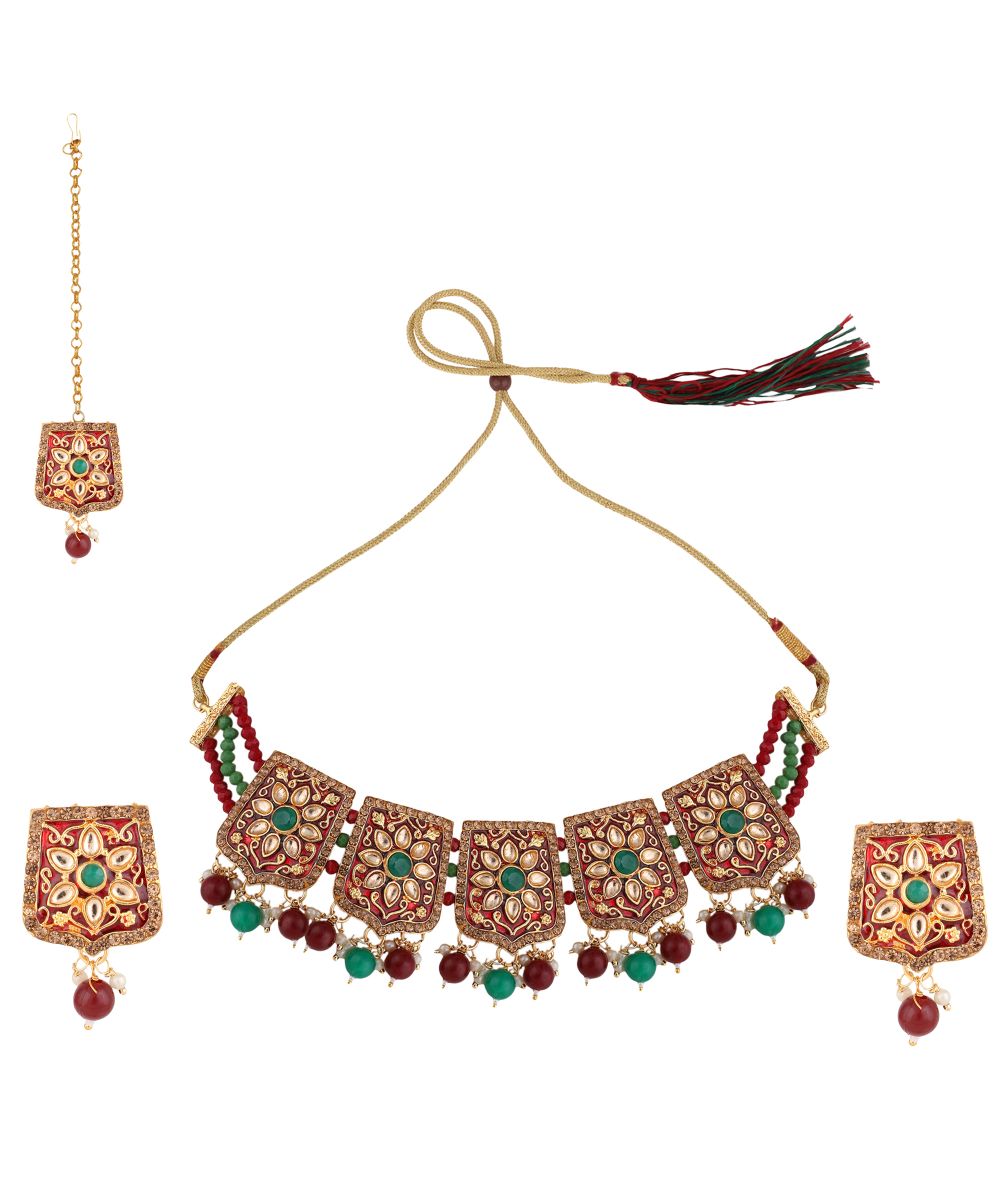 Women's Traditional Gold Plated Kundan and Stone studded Statement Choker with Earrings and Maangtikka