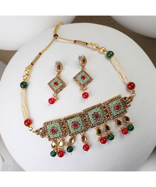 Women's Traditional Gold Plated Enameled Square Shaped Stone and Pearl Studded Choker and Earring Set