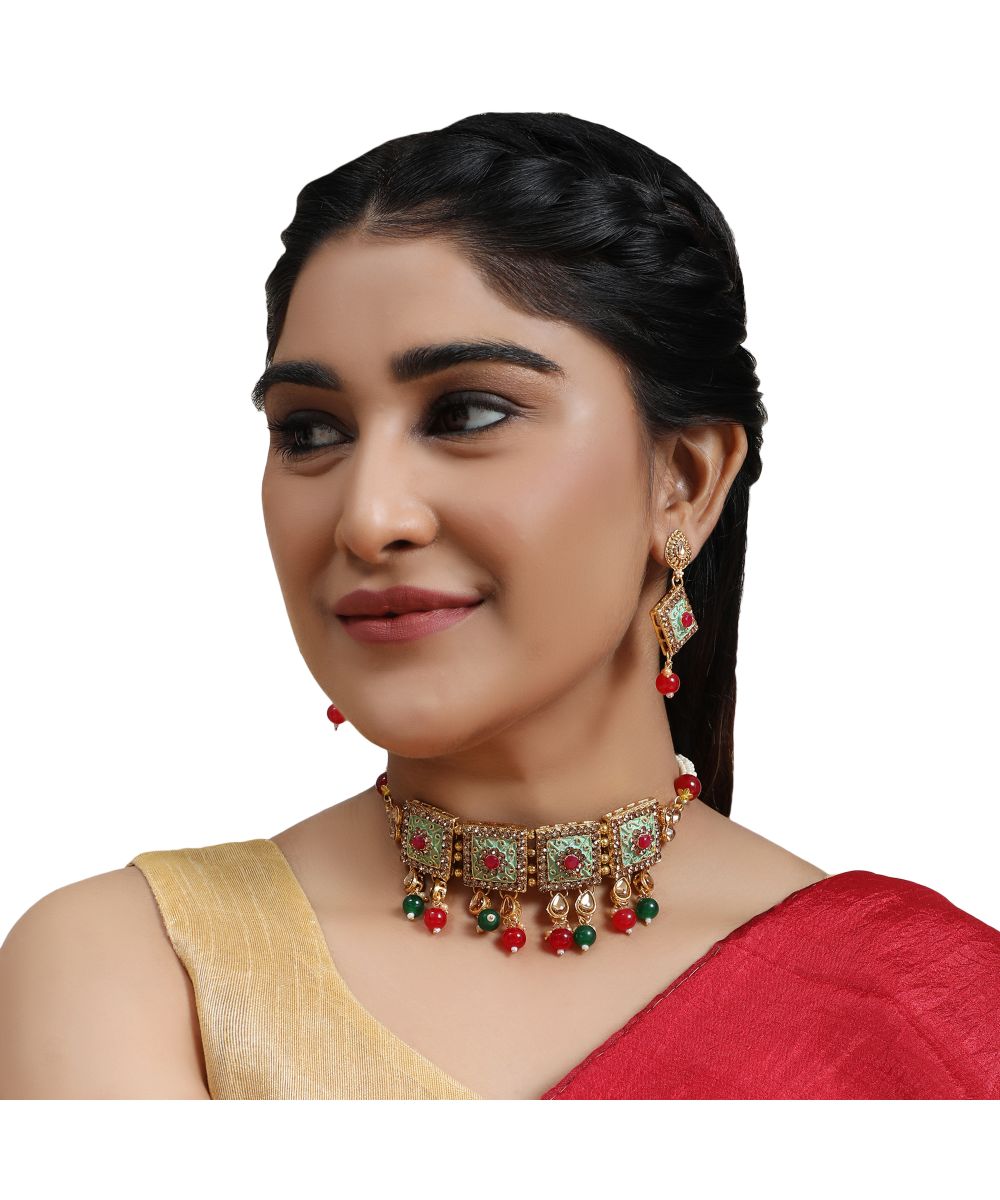 Women's Traditional Gold Plated Enameled Square Shaped Stone and Pearl Studded Choker and Earring Set