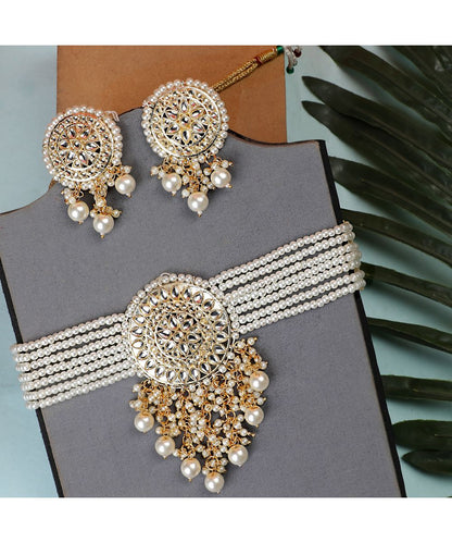 Women's Classic Pearl Layered and Kundan Studded Gold plated Statement Choker with Stud Earrings