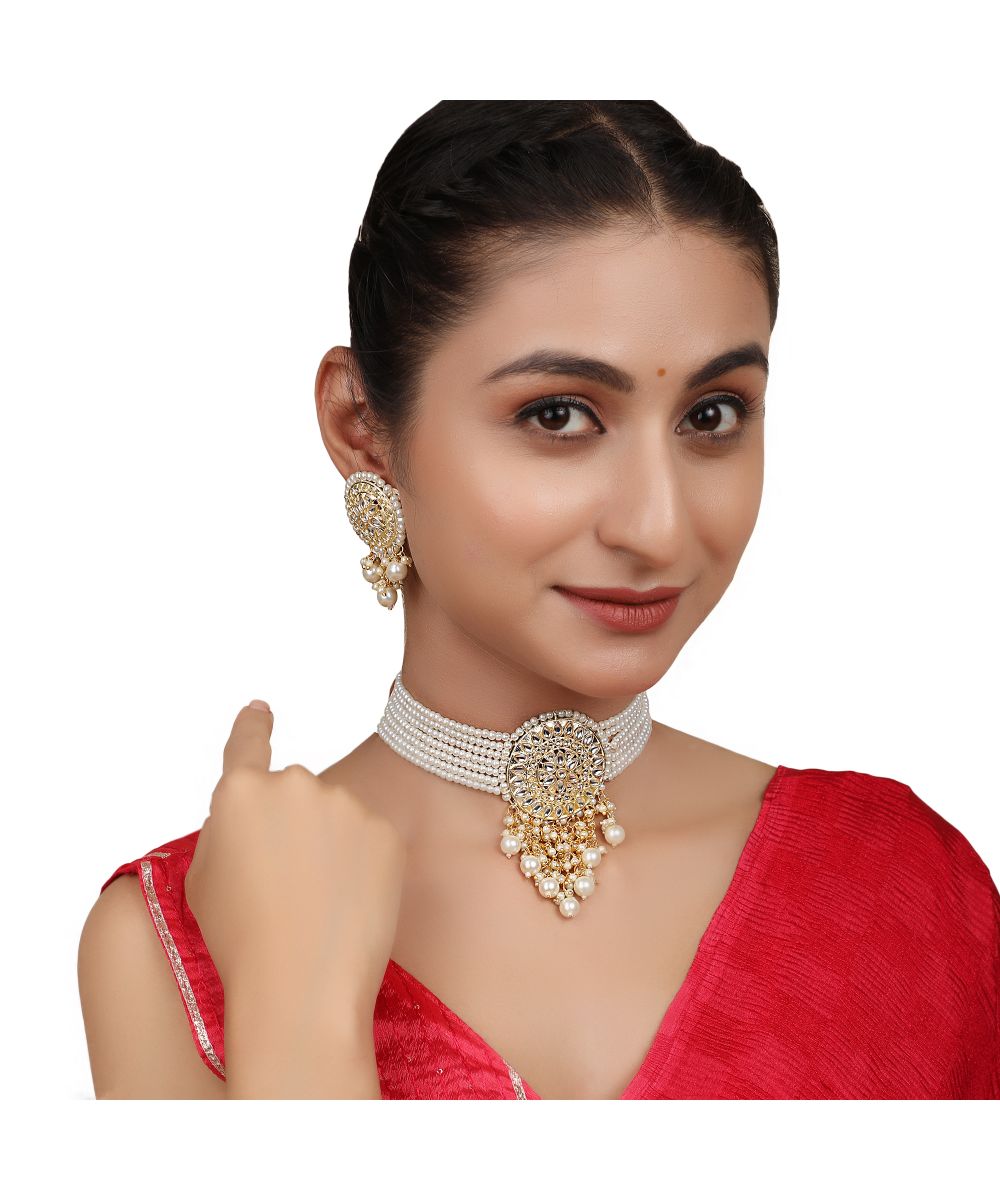 Women's Classic Pearl Layered and Kundan Studded Gold plated Statement Choker with Stud Earrings