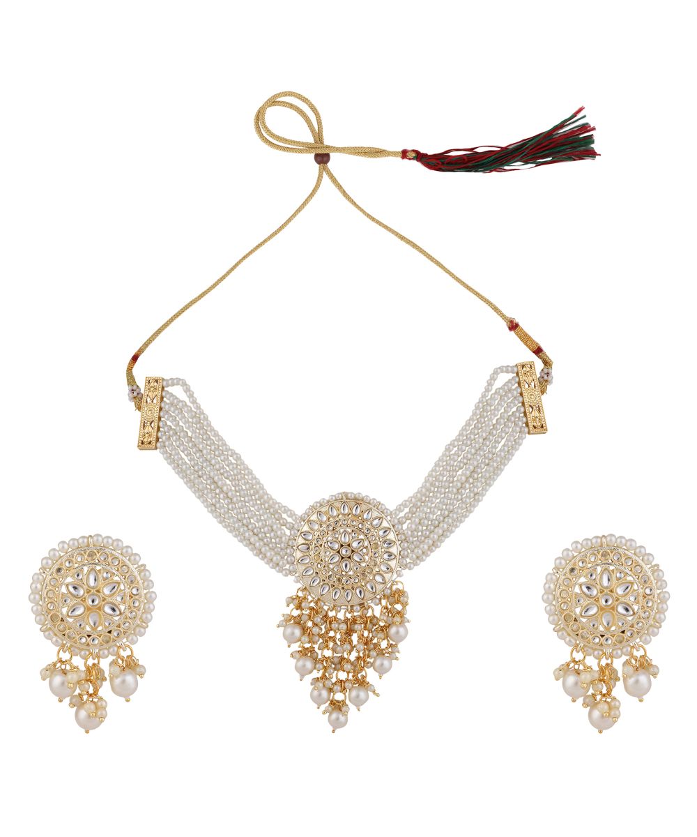 Women's Classic Pearl Layered and Kundan Studded Gold plated Statement Choker with Stud Earrings