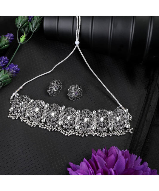 Women's Oxidised Geometric Shaped Stone Studded ghungroo drop Choker with Stud Earring Set