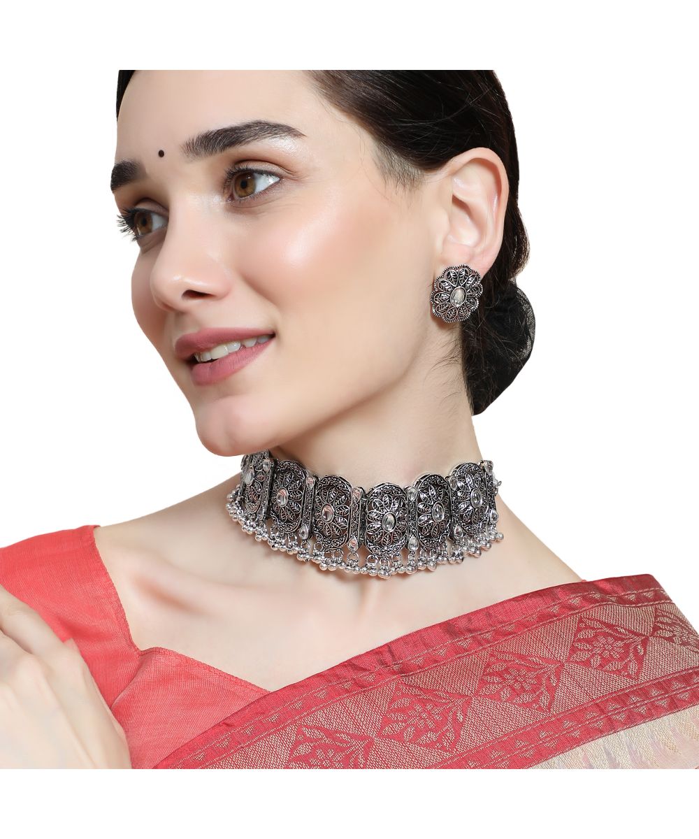 Women's Oxidised Geometric Shaped Stone Studded ghungroo drop Choker with Stud Earring Set