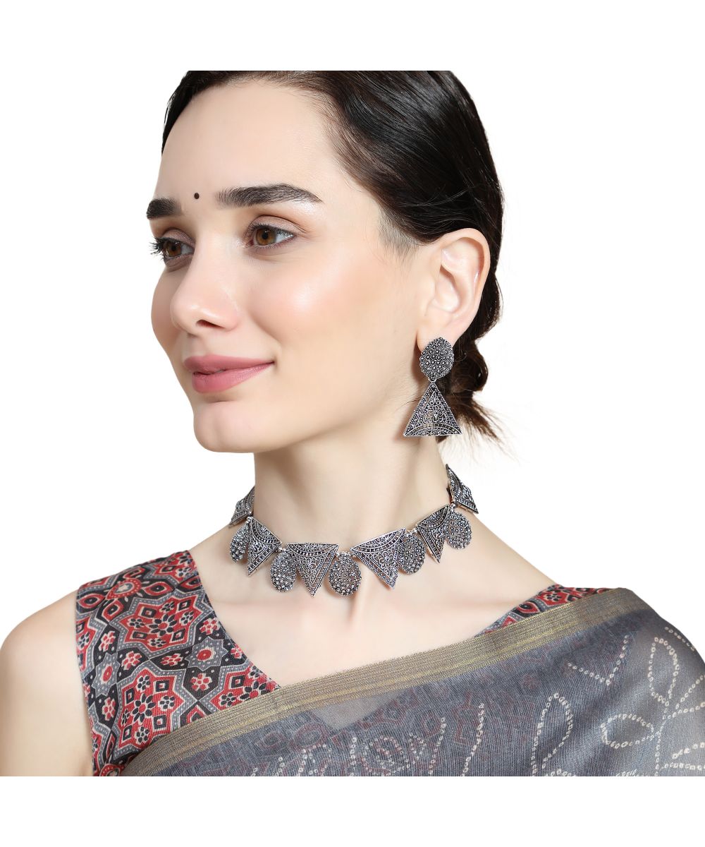 Women's Classic Oxidised Triangle shaped Neck Choker with Earring Set