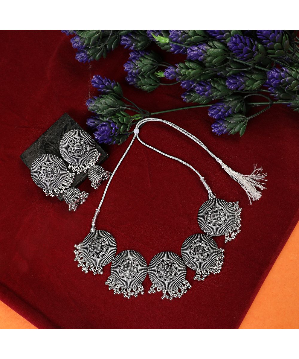 Women's Statement Oxidised Round shaped Choker Neck piece with Jhumka Earring Set