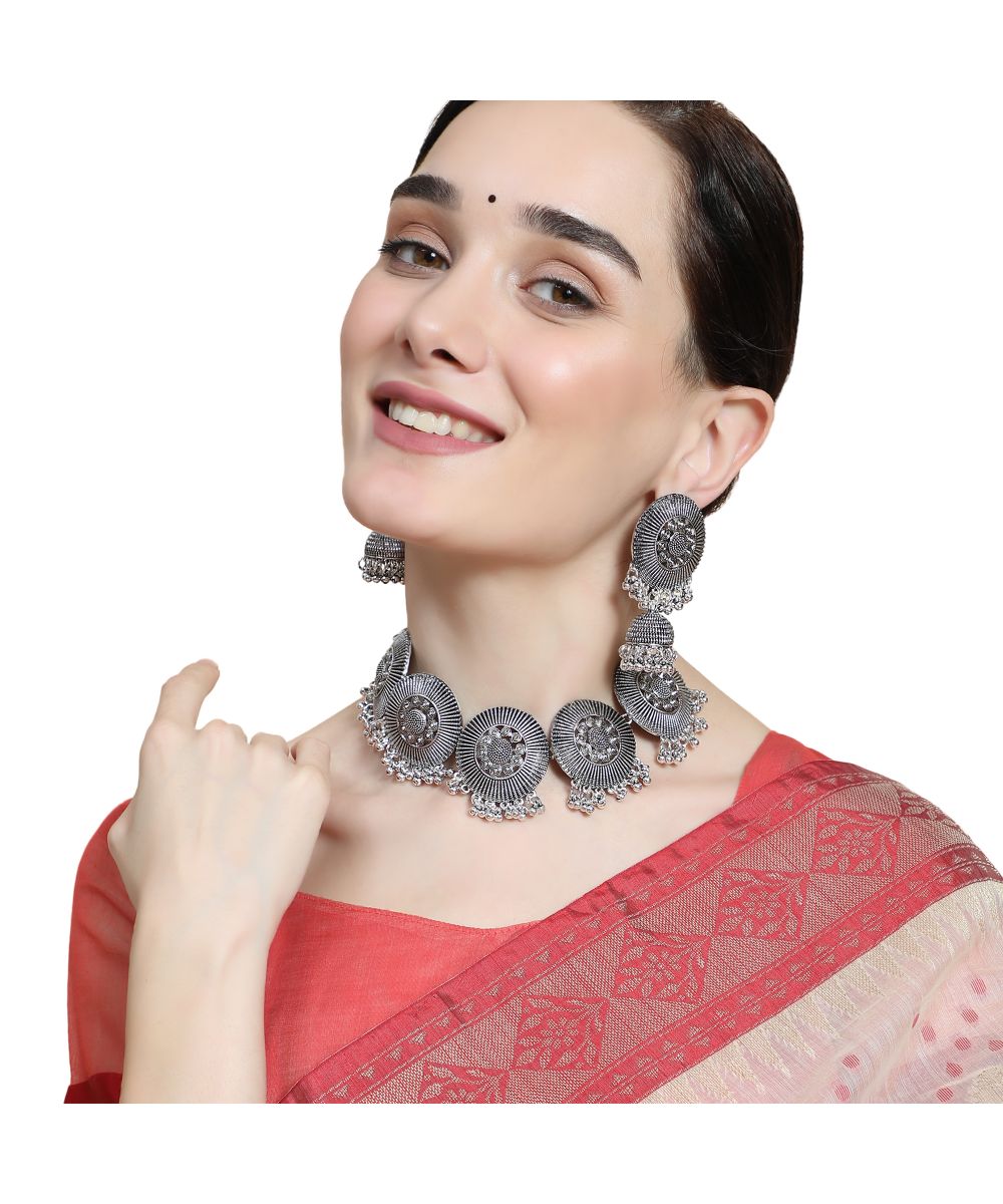 Women's Statement Oxidised Round shaped Choker Neck piece with Jhumka Earring Set