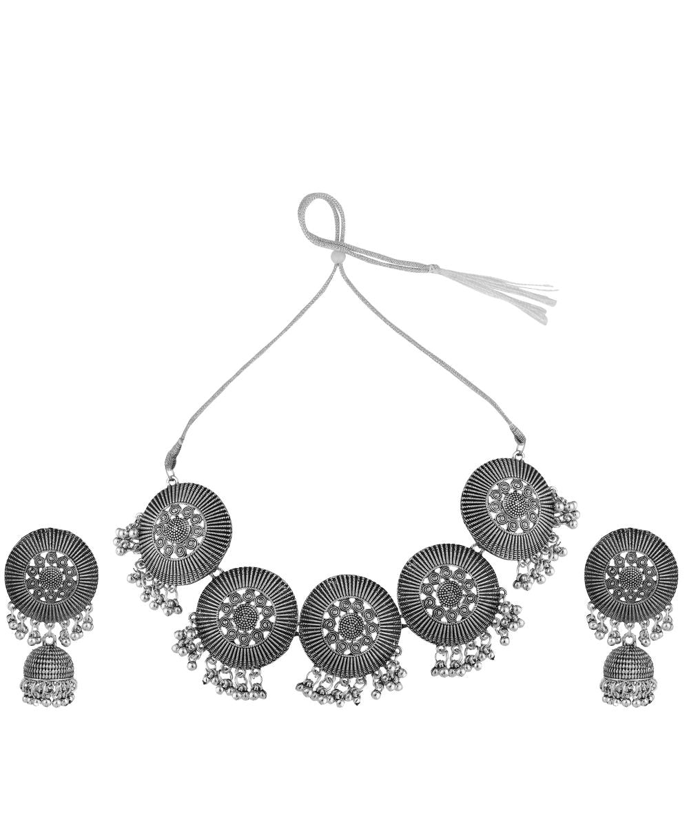 Women's Statement Oxidised Round shaped Choker Neck piece with Jhumka Earring Set