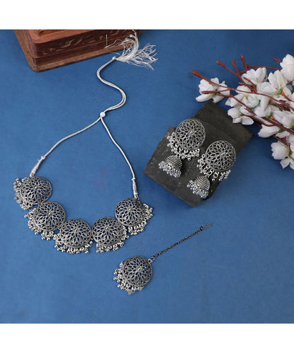 Women's Designer Oxidised Round Shaped Choker with Contemporary Jhumka Earring and Maang-tikka Set