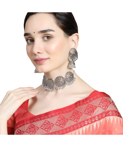 Women's Designer Oxidised Round Shaped Choker with Contemporary Jhumka Earring and Maang-tikka Set