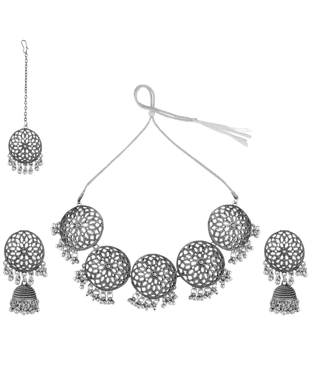 Women's Designer Oxidised Round Shaped Choker with Contemporary Jhumka Earring and Maang-tikka Set