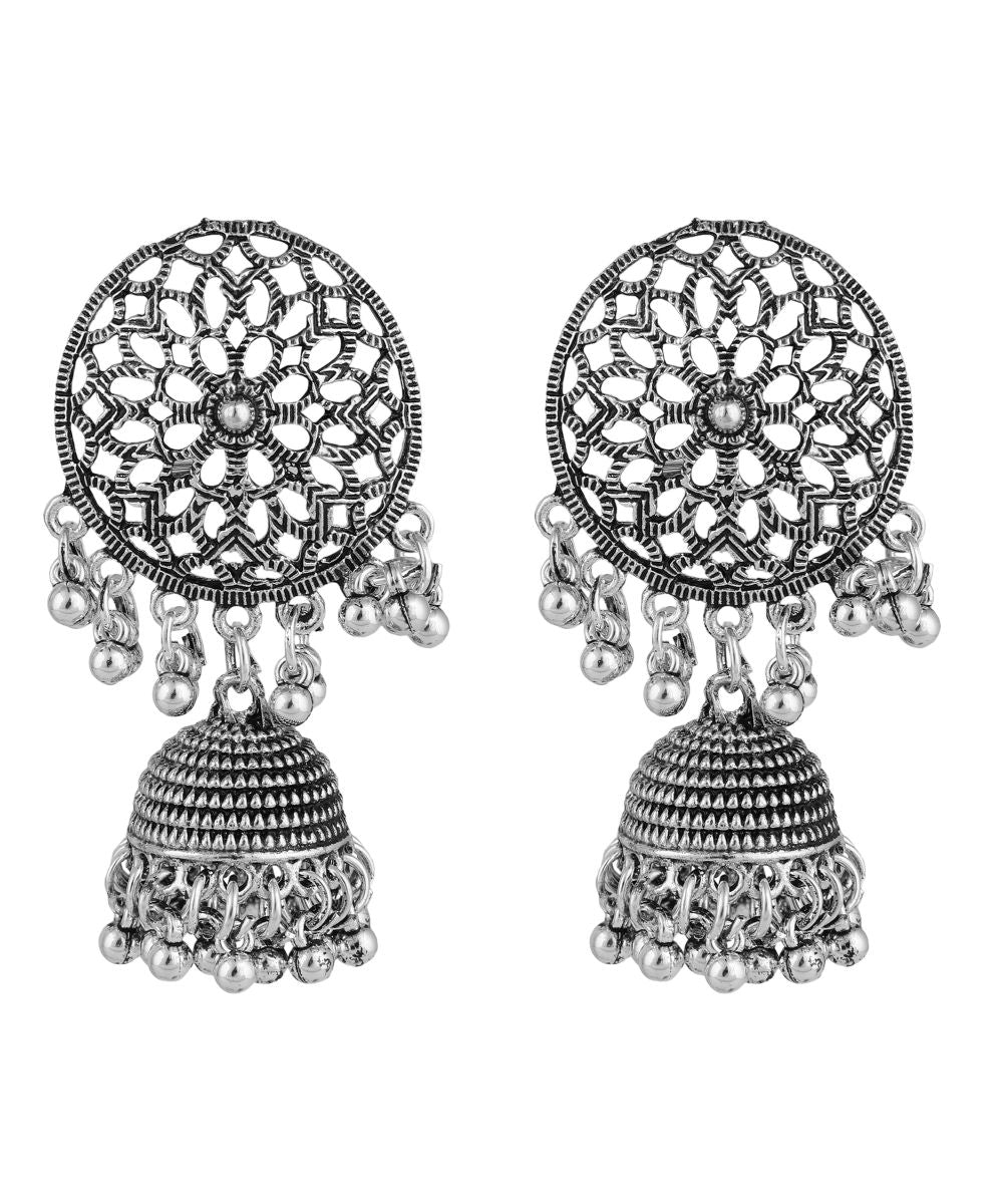 Women's Designer Oxidised Round Shaped Choker with Contemporary Jhumka Earring and Maang-tikka Set