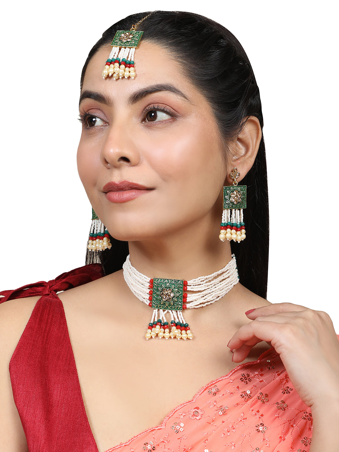 Women's/Girls Statement Gold Plated Green Enameled Stone Studded With Pearl Layered And Multicolor Pearl Drop Choker Set With Earring