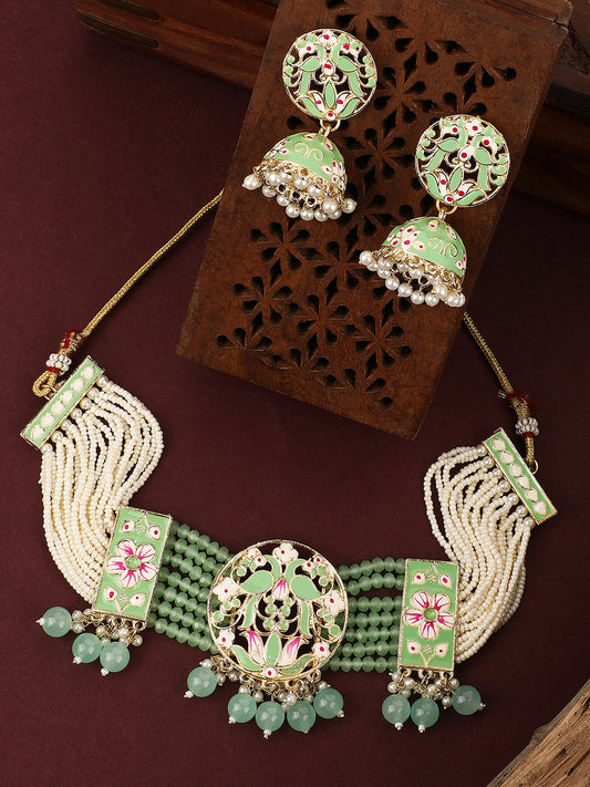 Women's/Girls Ethnic Gold Plated Green Colored Enameled Pearl Studded Choker Se With Earrings