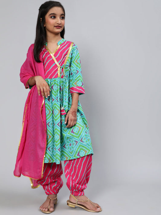 Girl's Blue Bandhani Print Kurta Palazzo With Dupatta