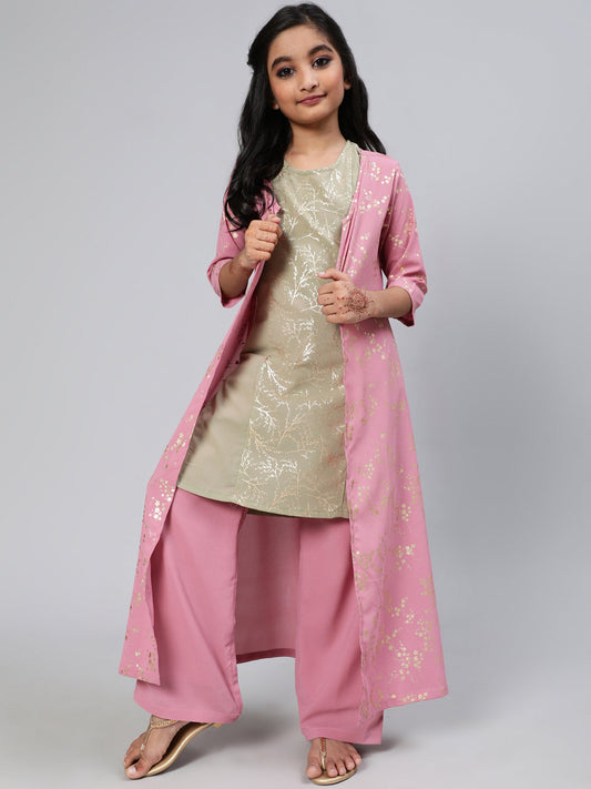 Girl's Mauve Foil Printed Kurta Jacket With Palazzo