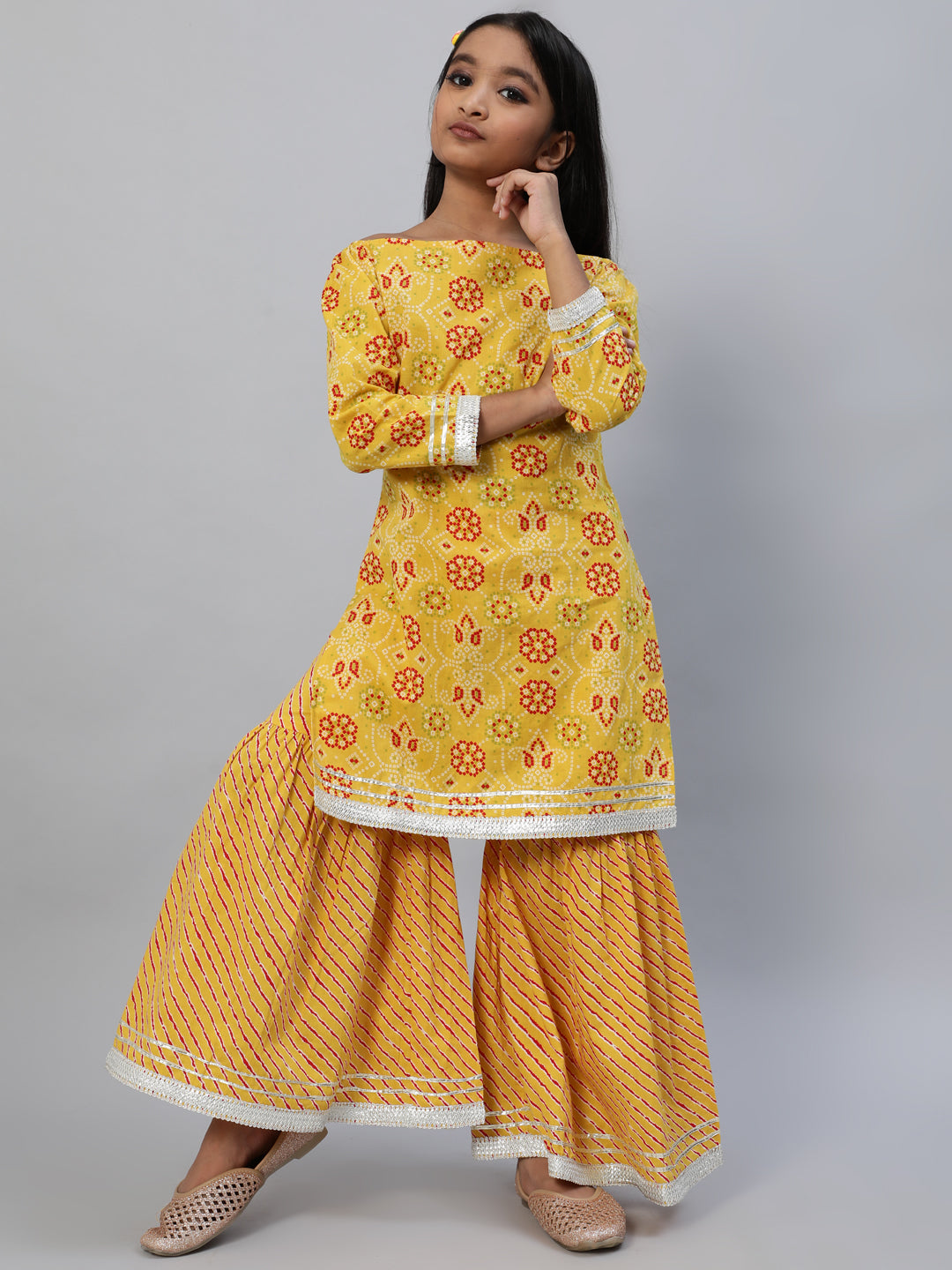 Girl's Yellow Micro Kurta With Sharara