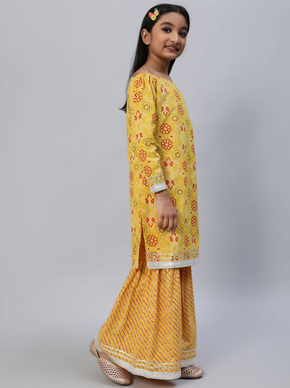 Girl's Yellow Micro Kurta With Sharara