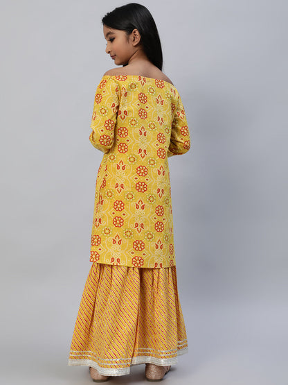 Girl's Yellow Micro Kurta With Sharara