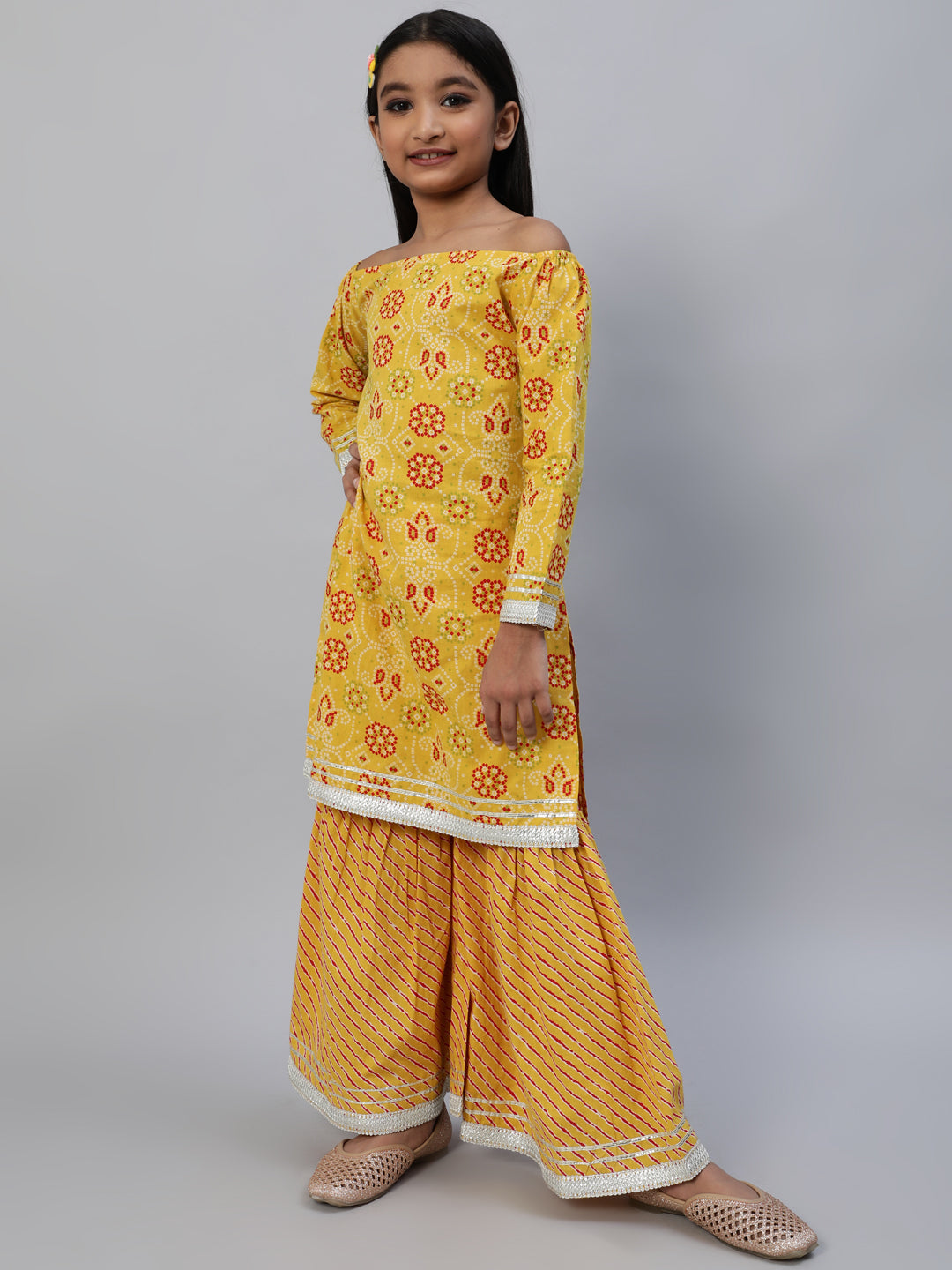 Girl's Yellow Micro Kurta With Sharara