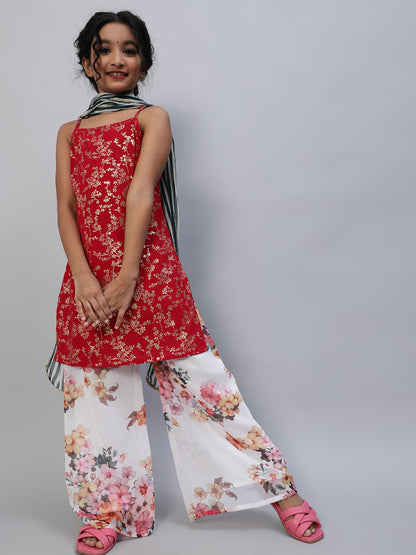 Girl's Red Floral Print Kurta Set With Dupatta