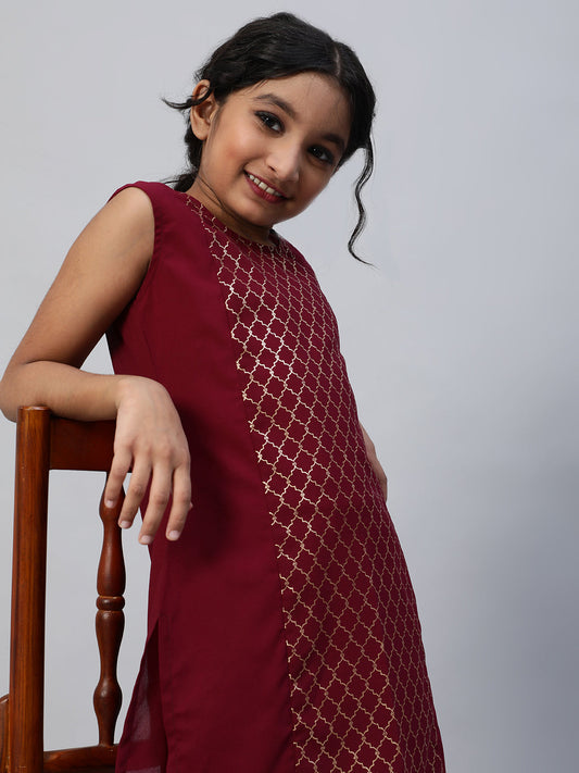 Girl's Maroon Foil Printed Kurta With Palazzo