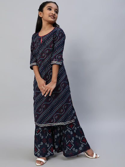 Girl's Navy Blue Bandhani Print Kurta With Palazzo