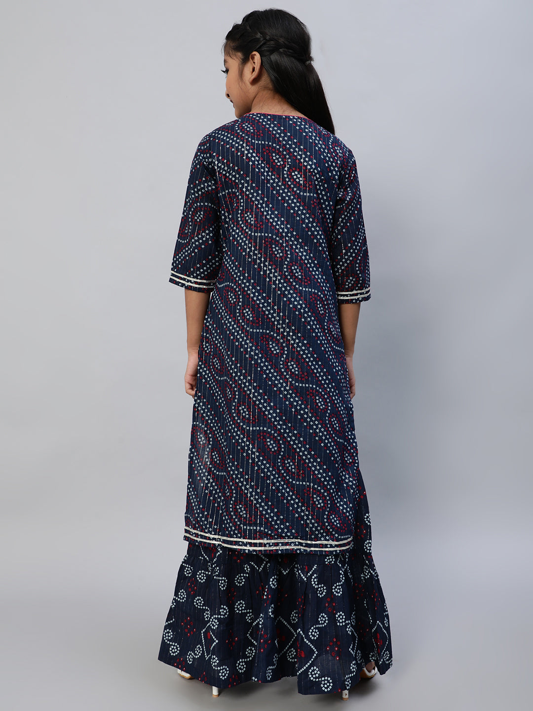 Girl's Navy Blue Bandhani Print Kurta With Palazzo