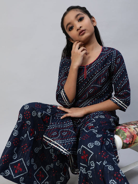 Girl's Navy Blue Bandhani Print Kurta With Palazzo