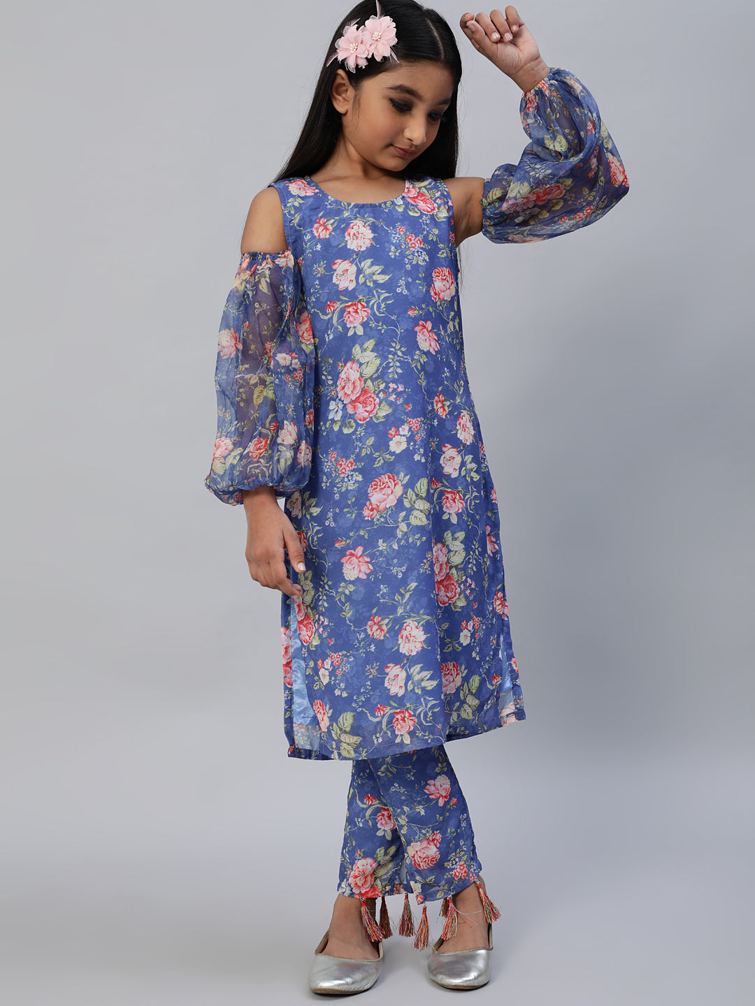 Girl's Blue Floral Print Kurta With Pant