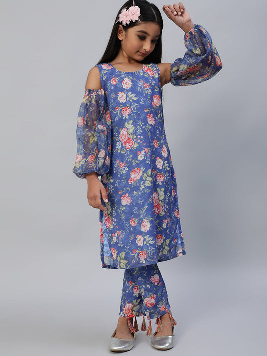 Girl's Blue Floral Print Kurta With Pant