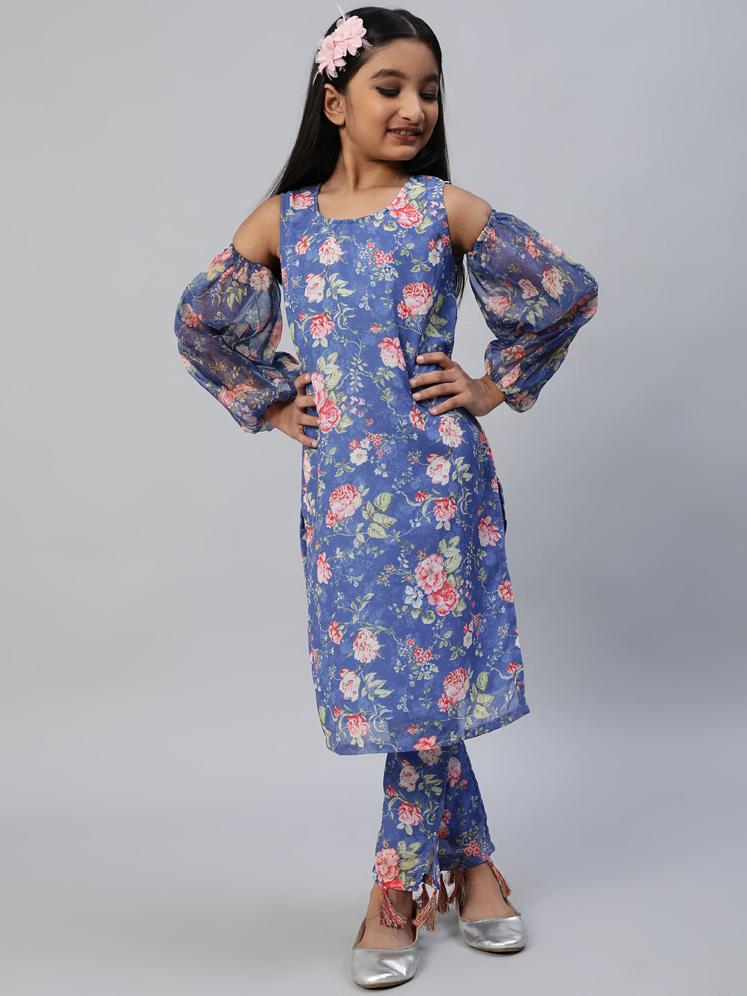 Girl's Blue Floral Print Kurta With Pant