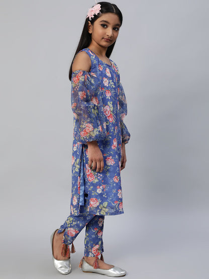 Girl's Blue Floral Print Kurta With Pant