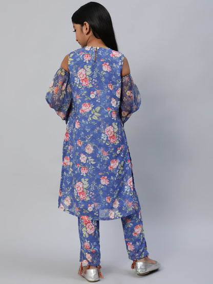 Girl's Blue Floral Print Kurta With Pant