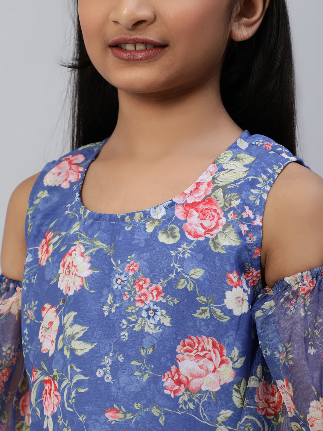 Girl's Blue Floral Print Kurta With Pant