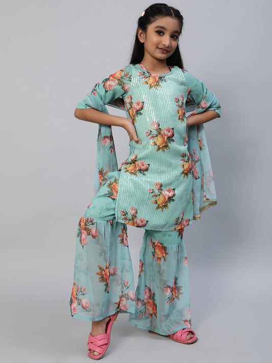 Girl's Sea Green Floral Print Kurta Sharara With Dupatta