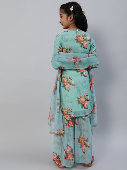 Girl's Sea Green Floral Print Kurta Sharara With Dupatta